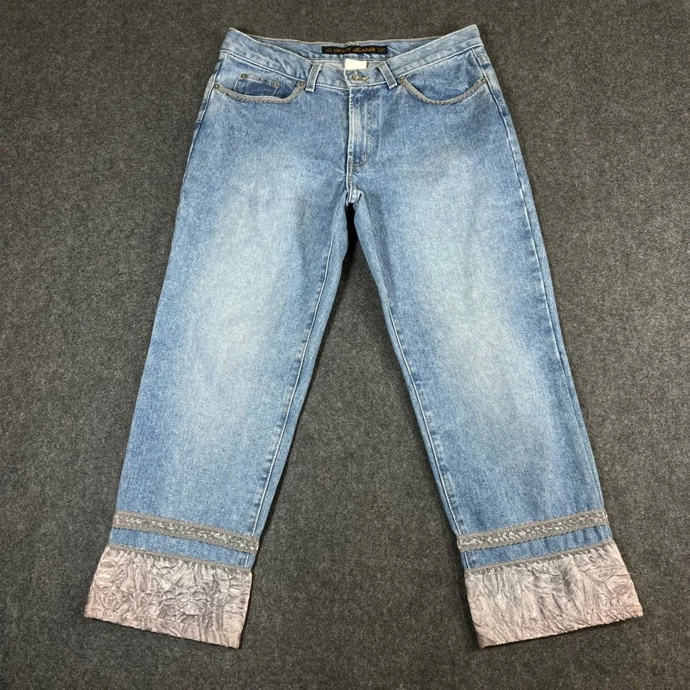 DKNY Jeans Womens 12 Blue Denim Velvet Trim Straight Leg Vintage Y2K Made in USA
